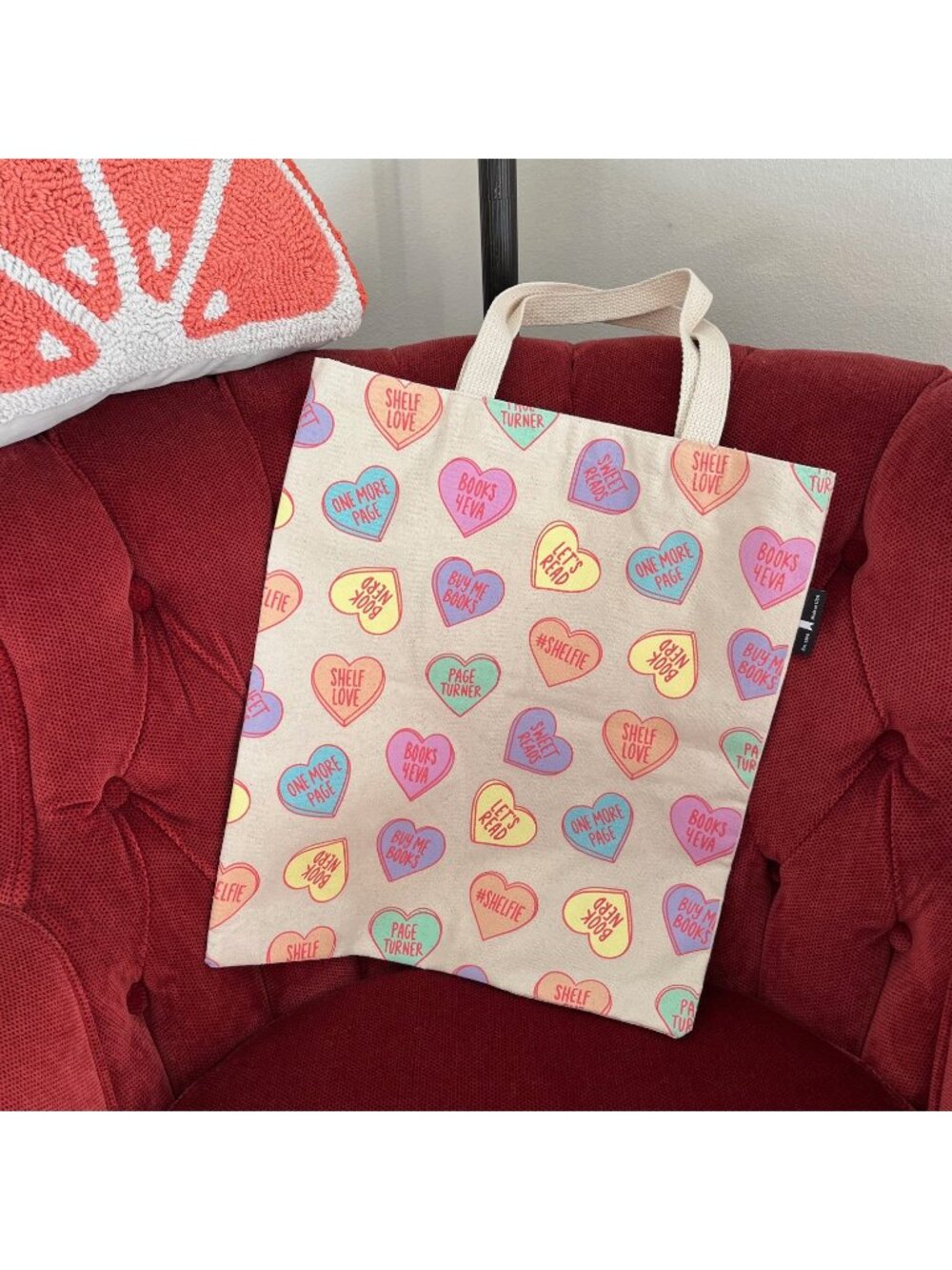 Sweet Reads OUT OF PRINT Book Lover Conversation Hearts Print Canvas Tote Bag